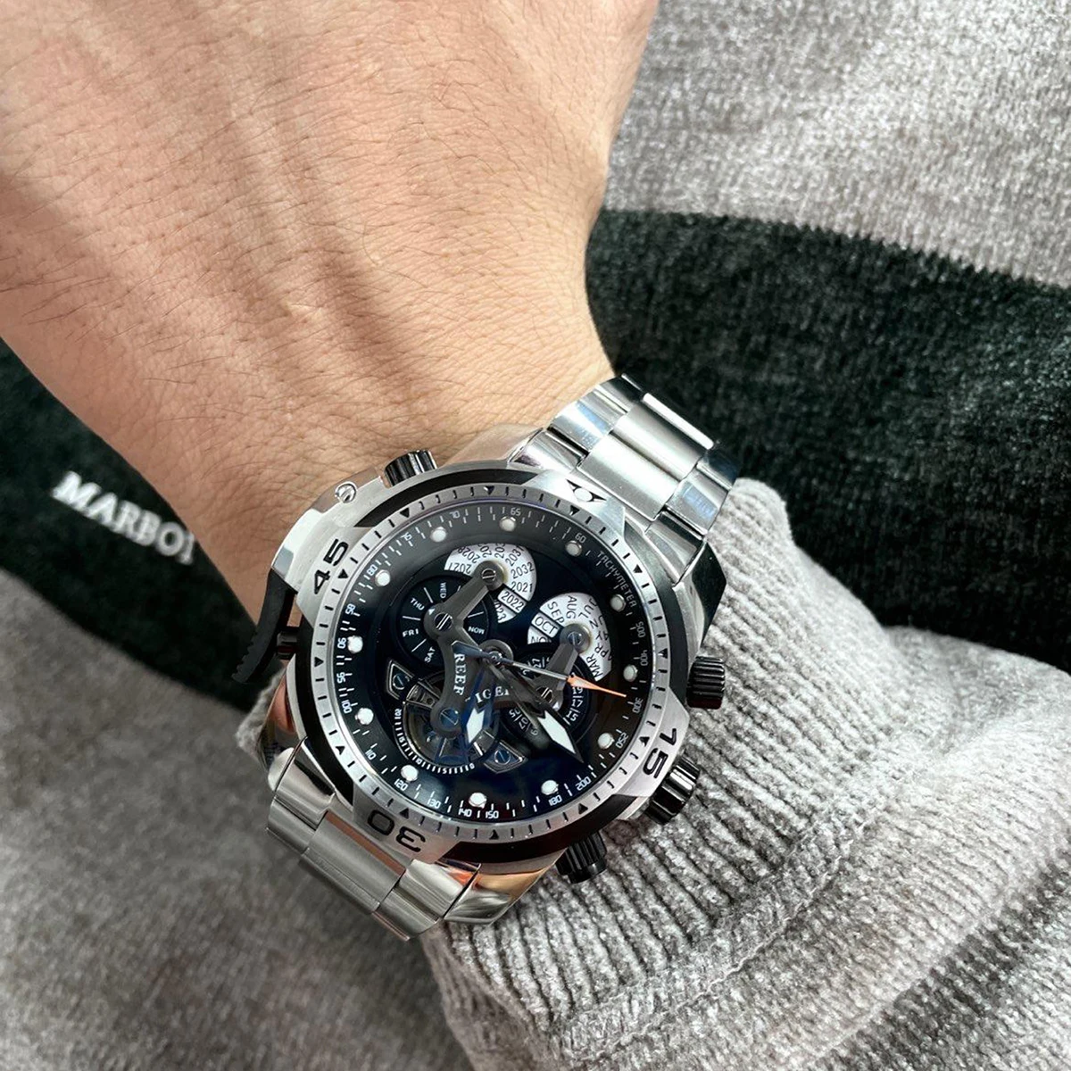 

Reef Tiger/RT Brand Military Watches for Men Steel Black Dial Bracelet Automatic Watches Relogio Masculino RGA3503