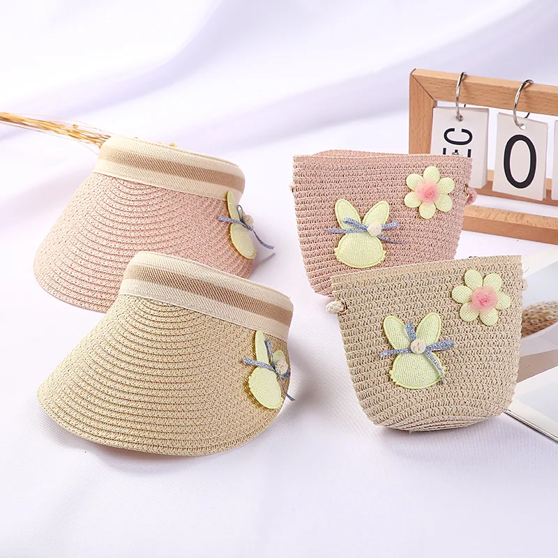

Children Straw Hat Crossbody Bag Summer Sun Hat For Baby Girls Wide Brim Sun Visor Empty Top Beach Hat Cartoon Kids Baseball Cap