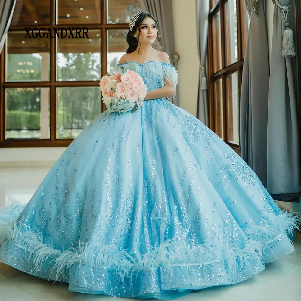 

Sparkling Sky Blue Ball Gown Quinceanera Dress 2024 Vestido De 15 Anos Beaded Sequin Crystals Princess Sweet 16 Birthday Party