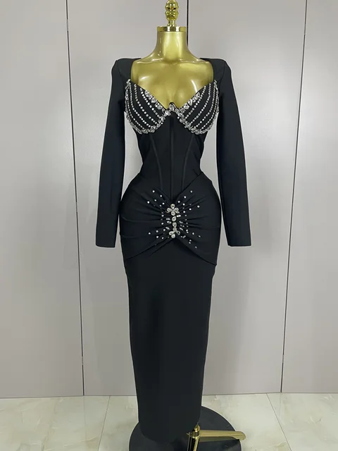 Sexy Luxury Sparkly Beading Bandage Long Sleeve Bodycon Dress   2025 New Women Celebrity Party Elegant Evening Club Pary Dresses 1