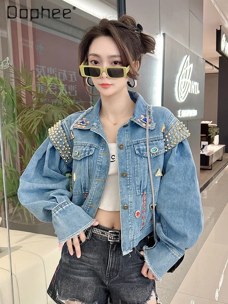 

Heavy Industry Fashion Brand Ribbon Denim Jacket Female Spring and Autumn Loose Colored Diamond All-Matching Short Jacket Women