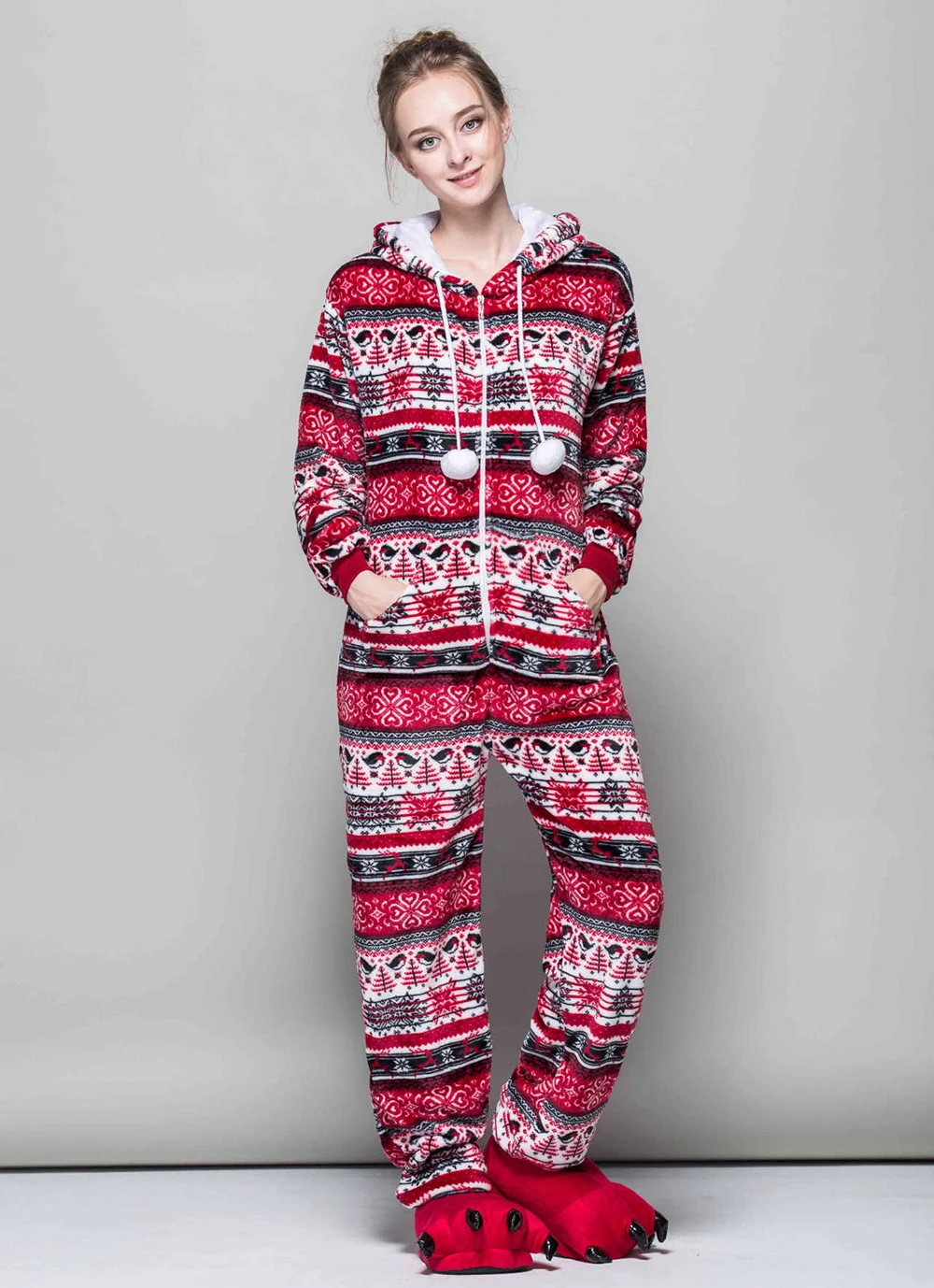 Women Long Sleeve Fleece Hooded Jumpsuit Pajamas with Zipper Christmas Snowflake Print Onesie Bodysuit Holiday One Piece Costume