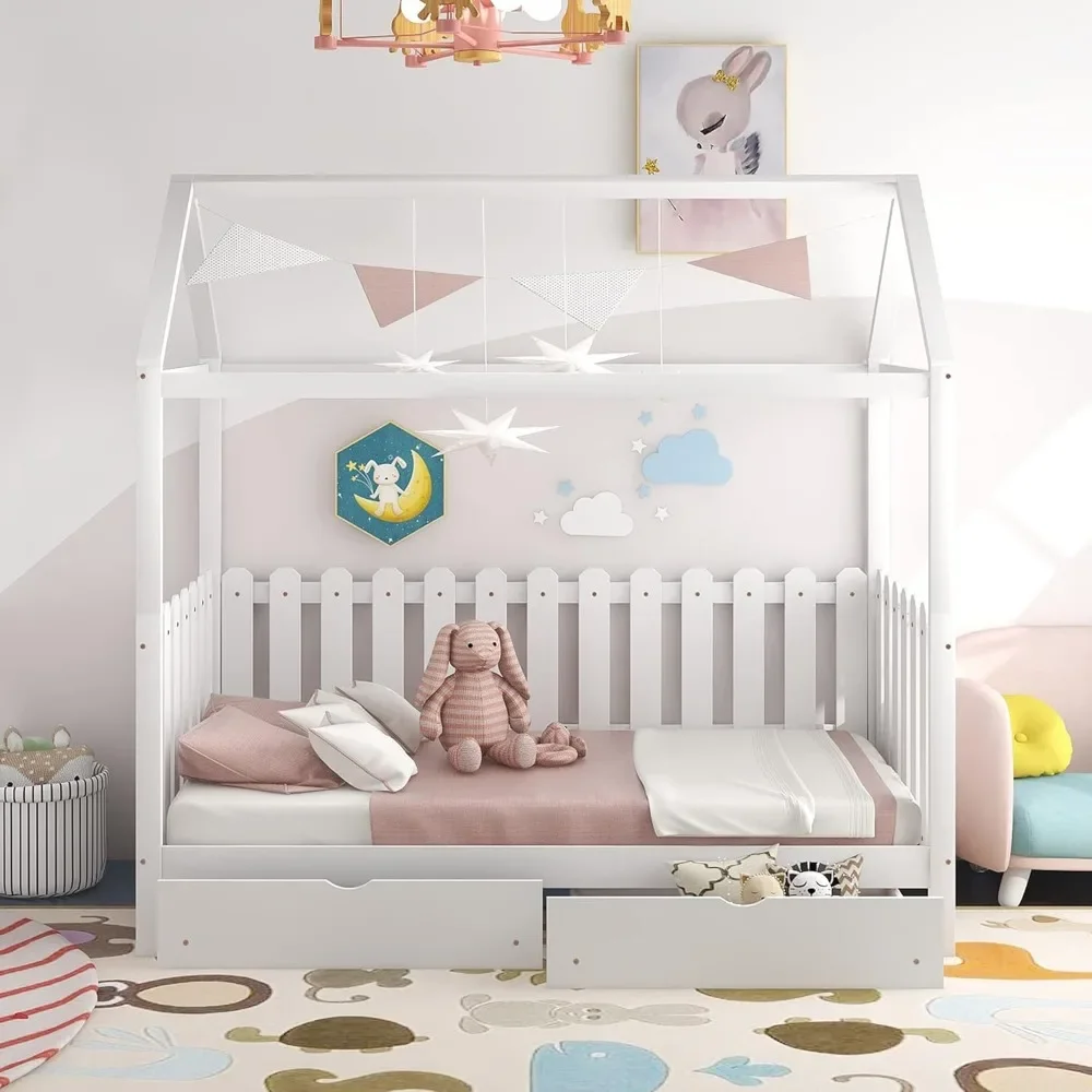 Solid Wood Twin Size House Bed Frame with Roof/Drawers/Fence-Shaped Guardrail, House Bed Platform Bed for Kids,Teens 4