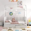 Solid Wood Twin Size House Bed Frame with Roof/Drawers/Fence-Shaped Guardrail, House Bed Platform Bed for Kids,Teens 4