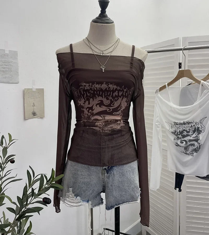 thumbnail image 1 of Camisola de manga larga con protección solar y malla de un solo hombro para mujer, estilo retro Y2K, para chica sexy, traje de dos piezas, atuendos diarios, 1 of 5