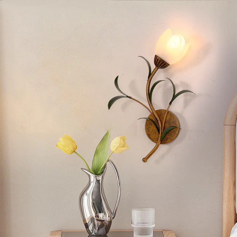 LED Wall Lamp Nordic Bedside Bedroom Iron Flower Wall Lights village Lighting rural New Home Decors Sconces Glass Lampshade