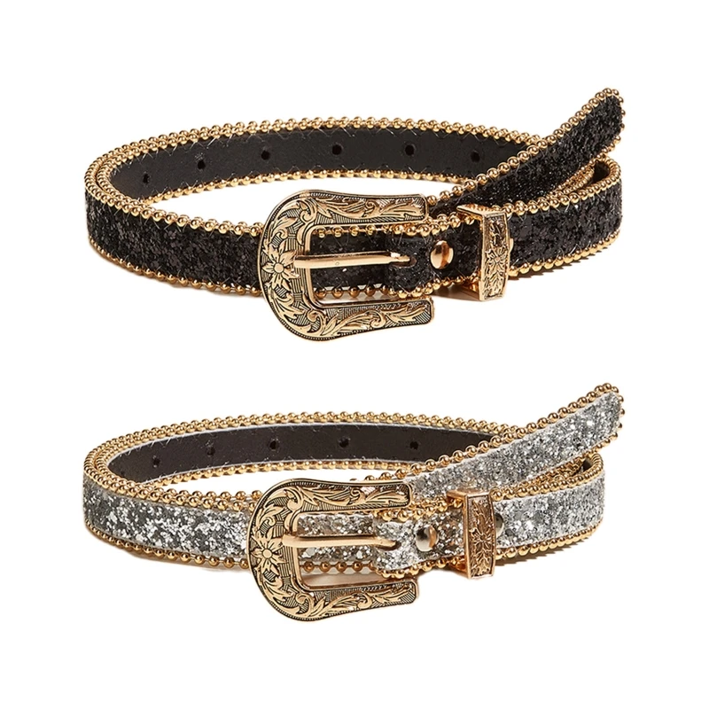 

Shinning Sequins Belts Women PU Leather Western Y2K Girls Belt for Jeans Men Drop Shipping