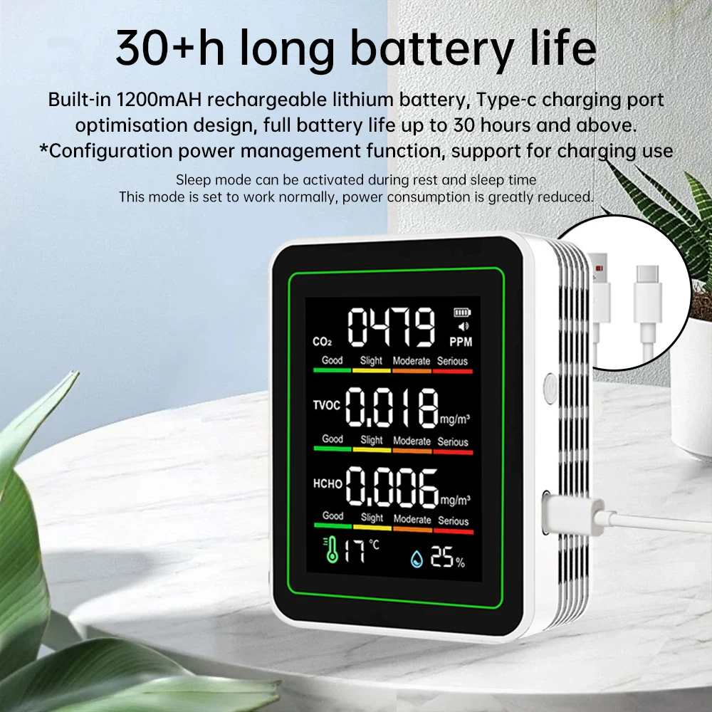 5 in 1 Digital Air Quality Monitor CO2 HCHO TVOC Humidity and Temperature Monitor CO2 Tester LCD  Household Air Quality Tester - 2