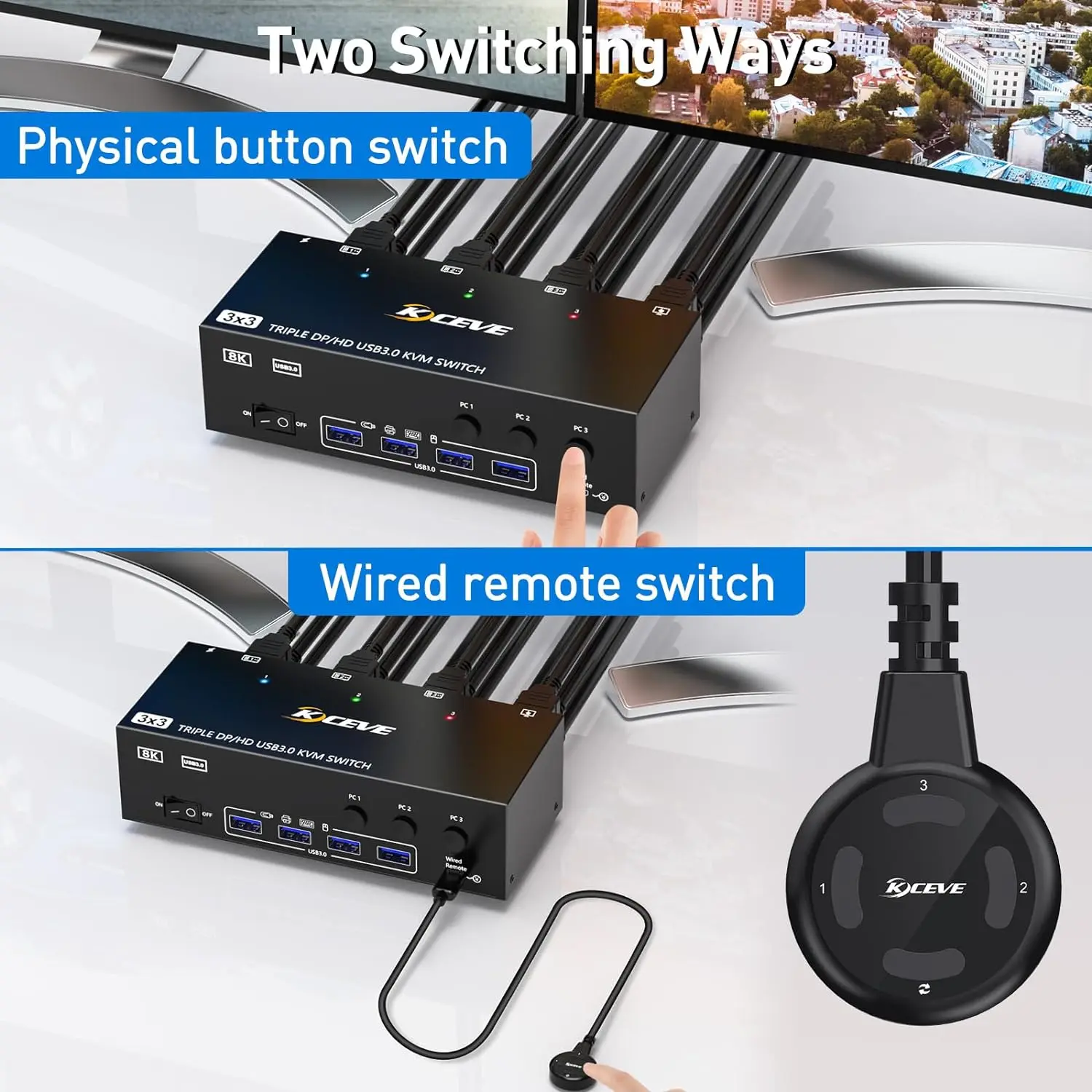 KCEVE HDMI USB 3.0 KVM 스위치, 모니터 3 개, 컴퓨터 3 개, 8K @ 60Hz, 4K @ 144Hz 트리플 모니터 KVM, 4 USB 3.0 포트, KVM Tripl 모니터
