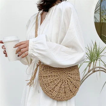 Half-Round Rattan Crossbody Bag Woven Straw Bag Fashion Summer Women Messenger Crossbody Bags Girls Small Beach Handbag