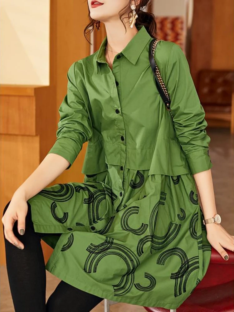 

Women's Cotton Trench Coat Mid Length Jacket Printing A-line Shirt Top Women's Clothing Plus Size Korean Coats Women Fashion