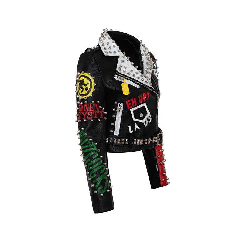 Punk Rivets Motorcycle Leather Jacket Women 2024 Trend Slim-fit Streetwear Graffiti Print Faux Leather Cropped Jacket
