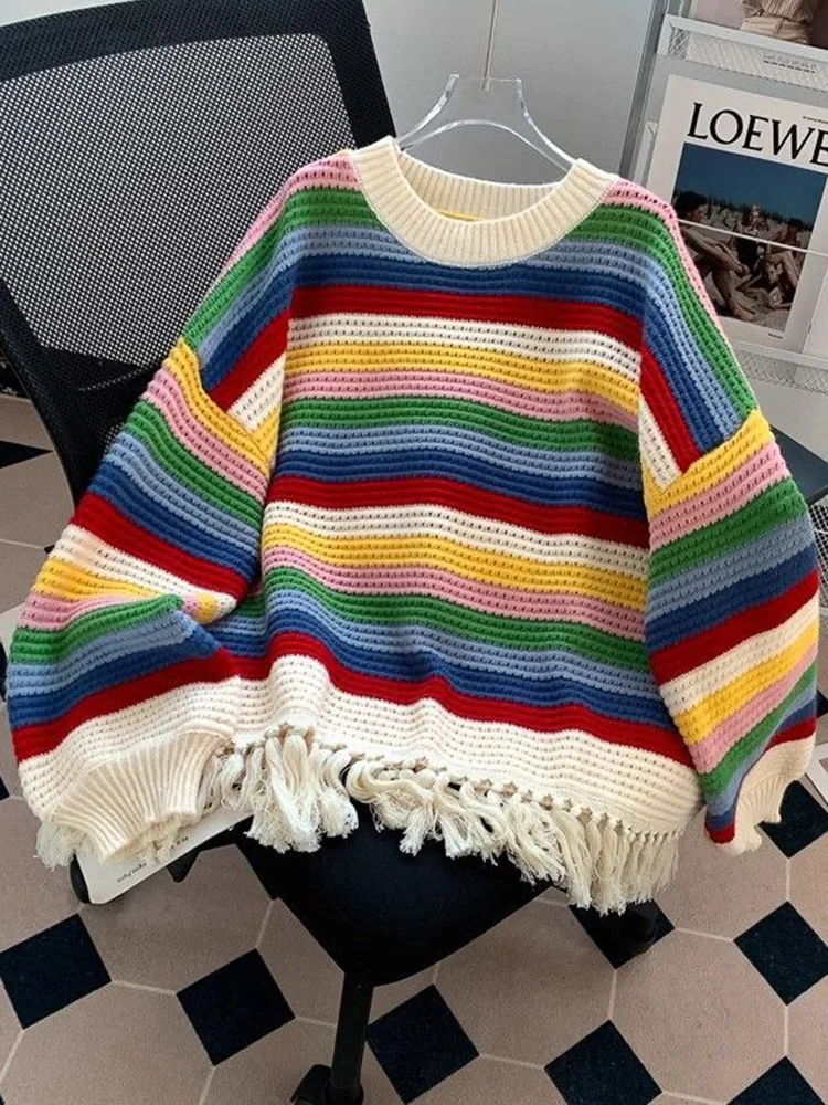 Sweet Rainbow Tassel Sweaters Women Vintage Cute Loose Long Sleeve Knitted Jumper Casual Retro O Neck Lady Hollow Out Pullovers