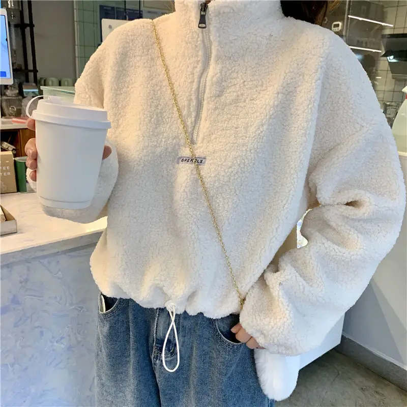 Long Sleeve Sweatshirt Winter Women Autumn Hoodies Lamb Velvet Short Hooded Female Fashion Loose Plus Velvet Thick Solid Tops