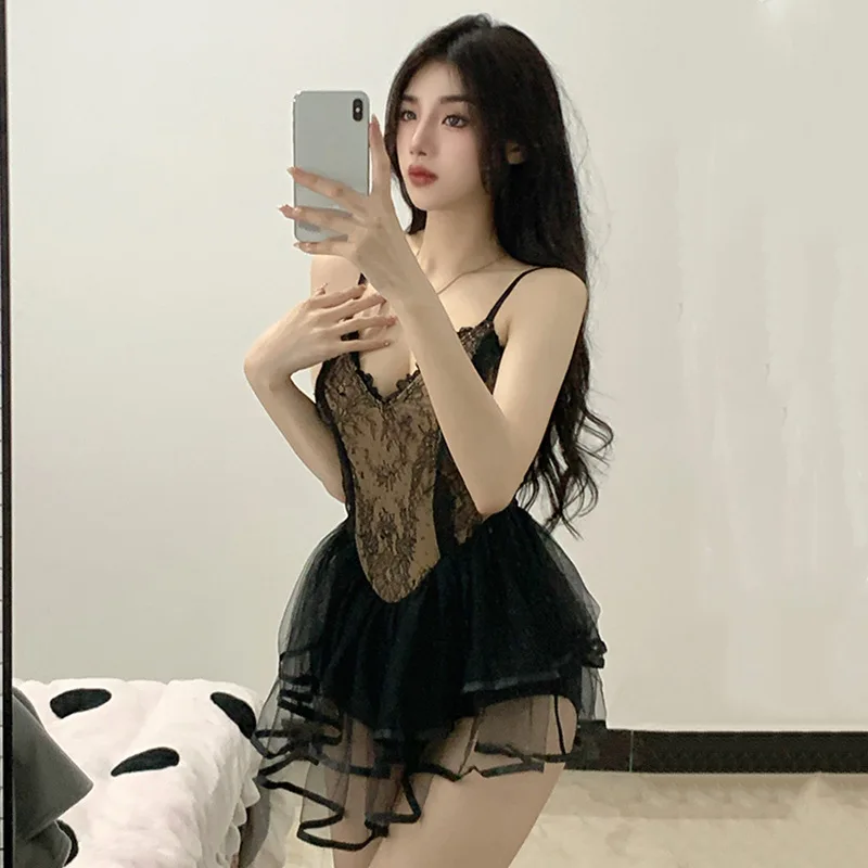 

Women One Piece Swimsuit 2023 Sexy Black Lace Strap Swimwear Small Breast Gathered Spicy Girl INS Hot Spring Swimwear
