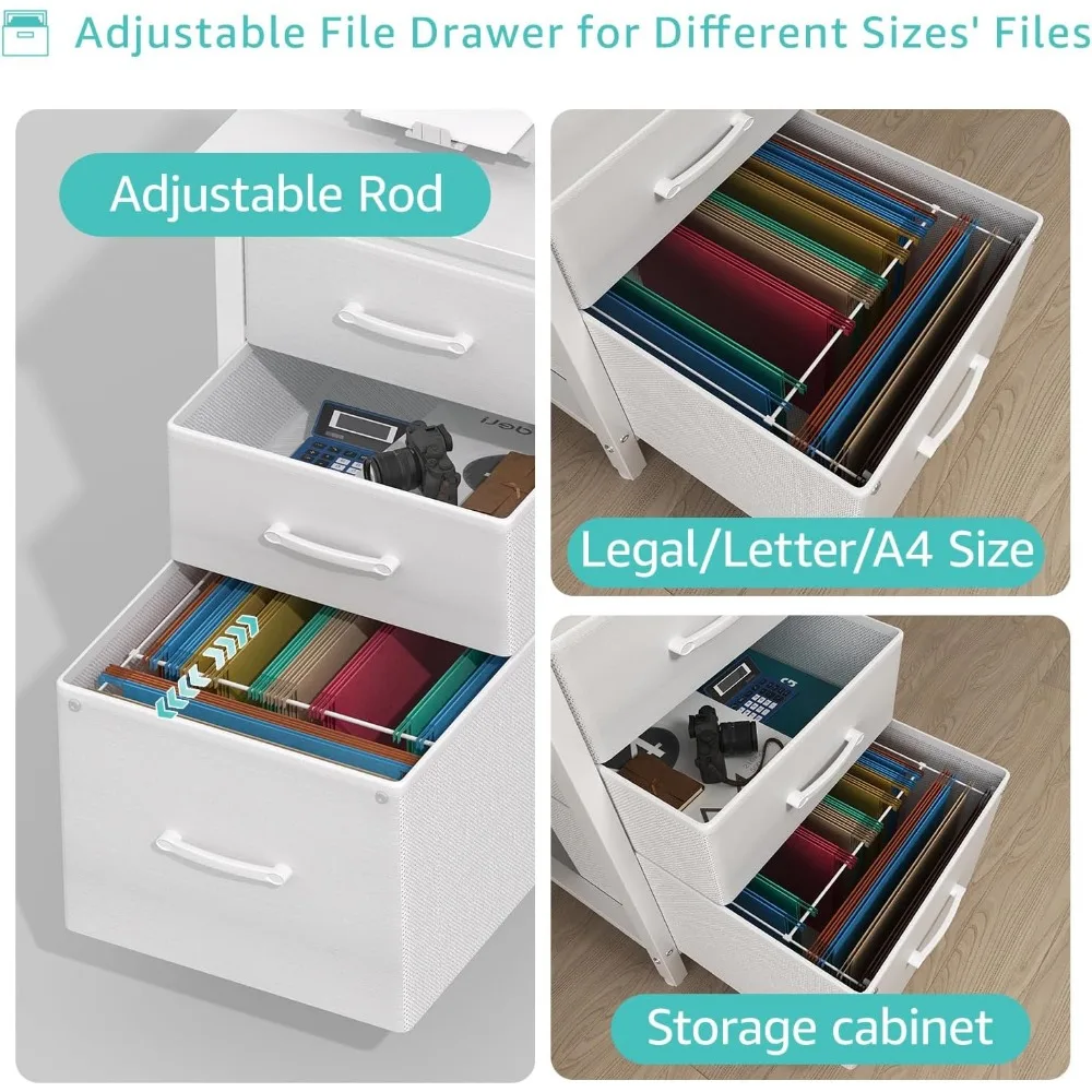 White Computer Desk with Fabric File Drawers Cabinet, 47 Inch Computers Desks 5