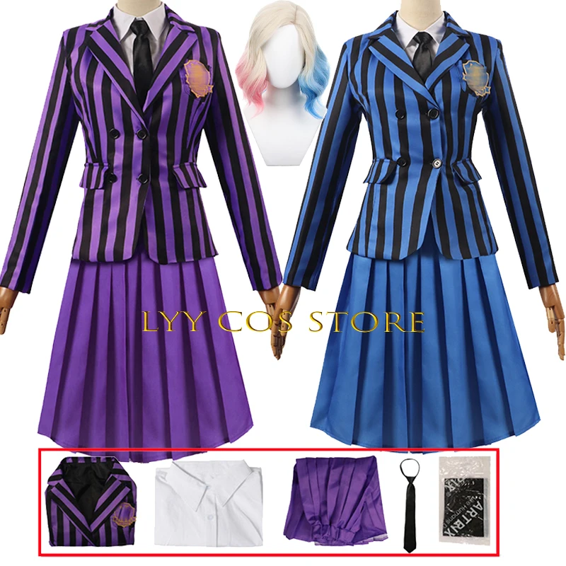 

Sinclair Enid Cosplay Anime Costume School Uniform Wednesday Jacket Skirt Suit Wig Set Halloween Party Outfit for Women Girl