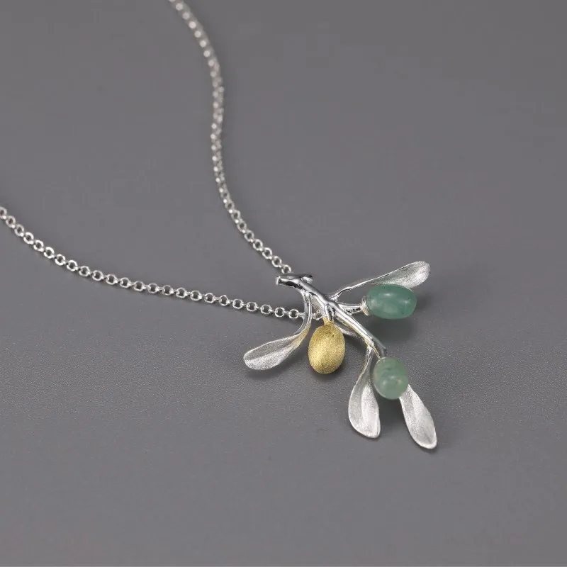 Aventurine Olive Tree Branch Silver Necklace - Image 3