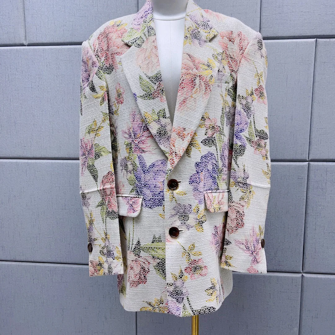 Retro Style Printing Lapel Long Sleeve Women's Suit Jacket 2023 Autumn Winter Fashion Loose Casual Single-Breasted Cardigan