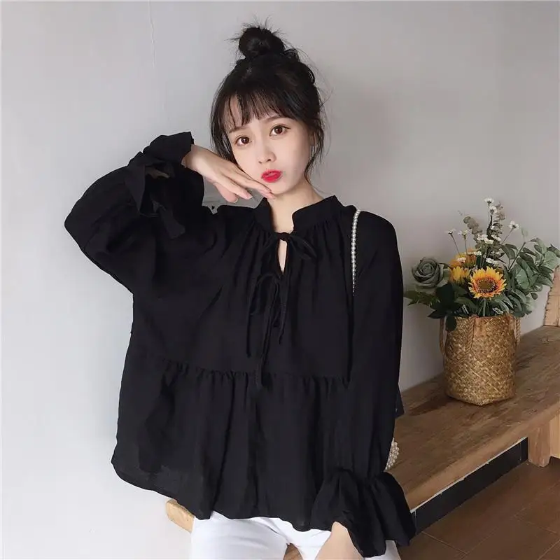 Summer New Korean Style Loose Lace-up Stand-up Collar Flared Sleeves Baby Shirt Top All-Match White Shirt Female Student