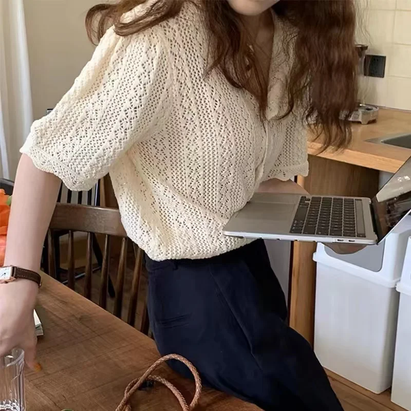 Women Knitted Cardigan Solid Color Hollow Out V Neck Tops