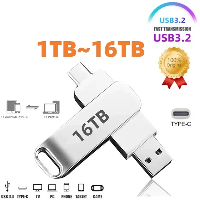 Unidad Flash Usb 3,2 de 16TB, transferencia de Metal de súper alta velocidad, unidad de disco U, resistente al agua, disco tipo C, unidad USB SSD 3