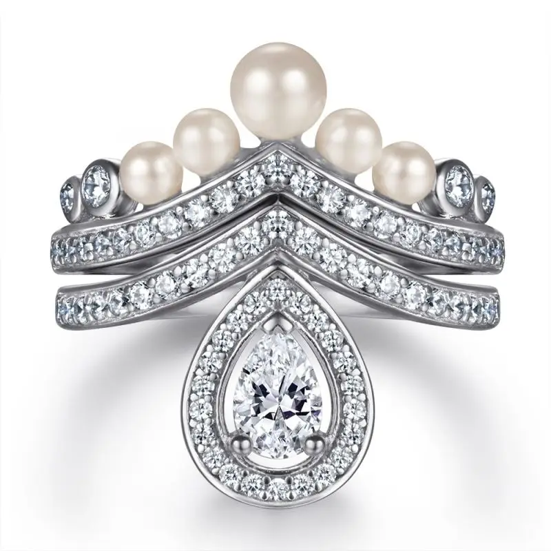 

Viya 925 Sterling Silver Wedding Ring Set Women's Spark High Carbon Diamond Pearl Engagement Exquisite Jewelry Gift