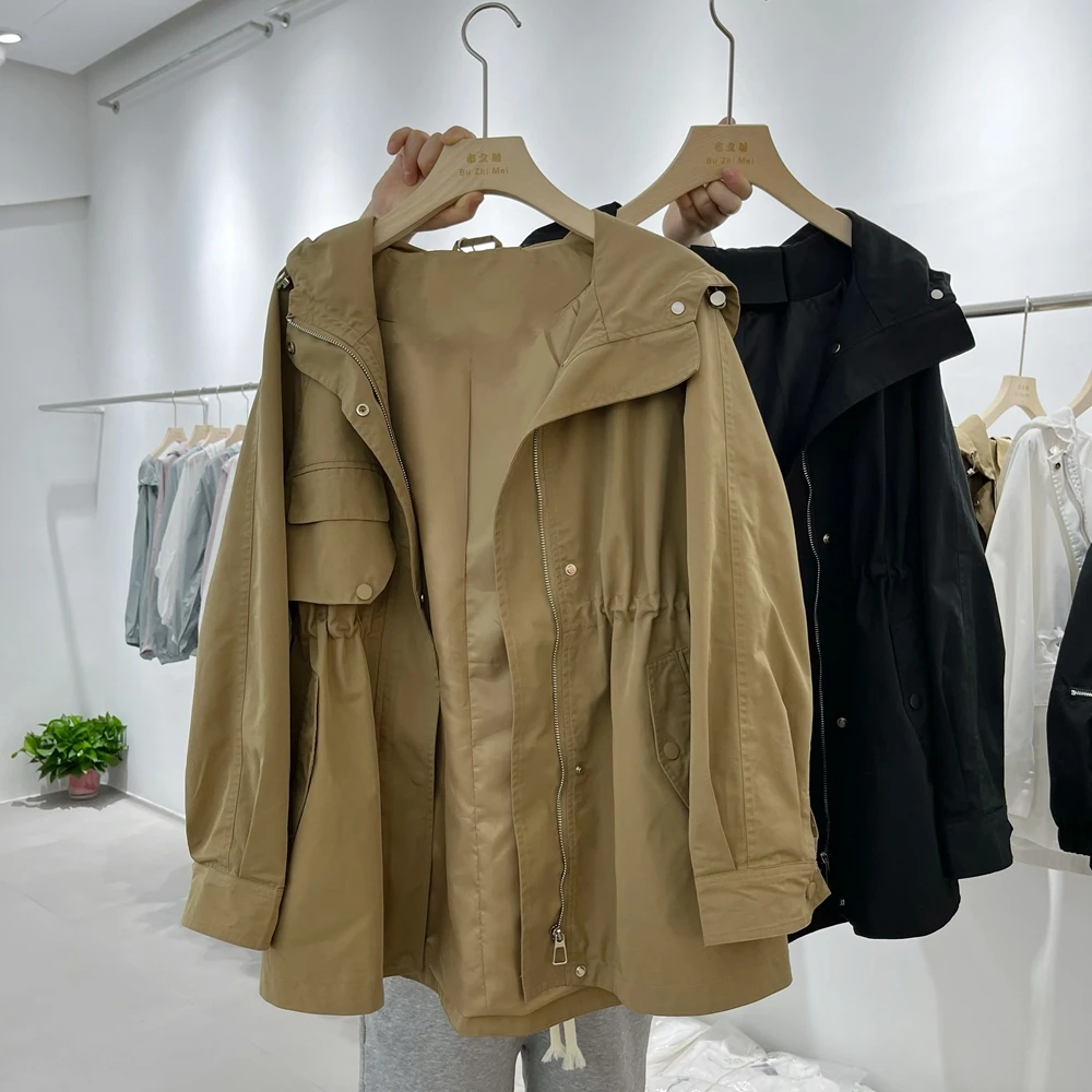 

SuperAen Khaki Hooded Trench Coat for Women Spring and Autumn 2023 New High-end Korean Style Jacket and Coat