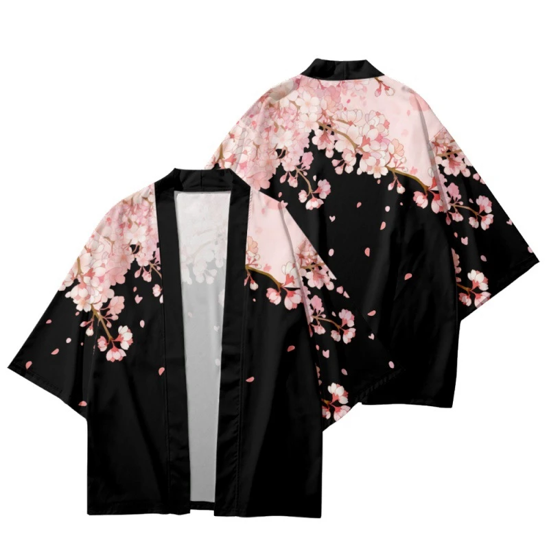 Elegant Kimono Cardigan with Pink Flower Print Tops- High-Quality Women Men Asian Clothing 4XL