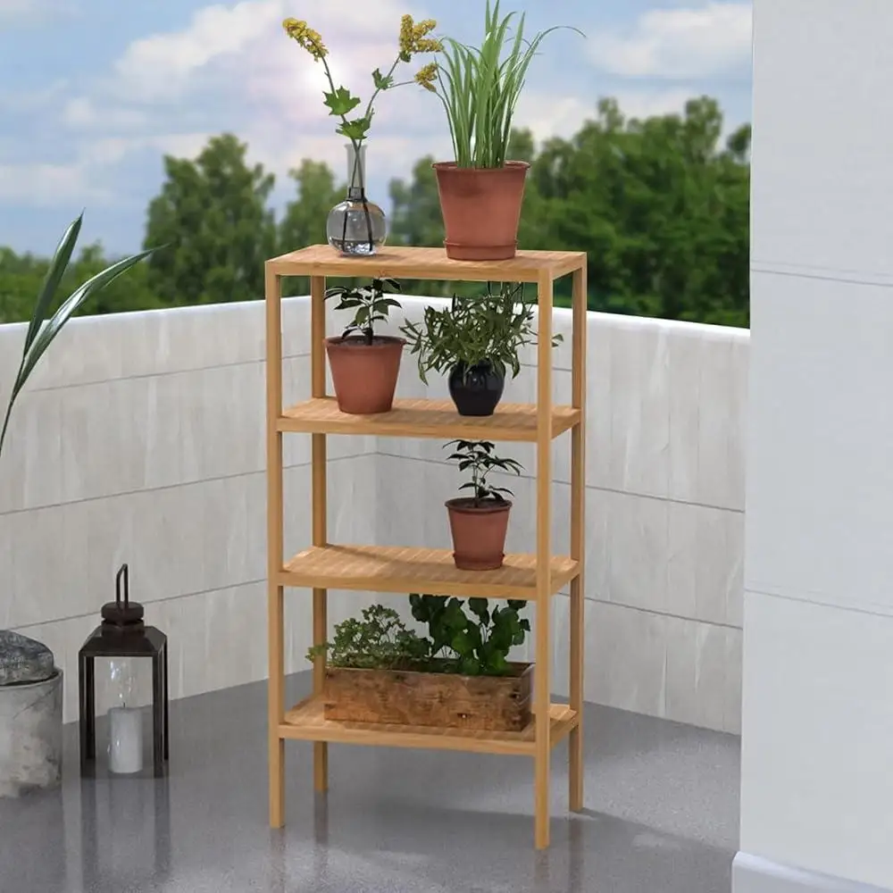 4 Tier Bamboo Storage Shelf Freestanding Bookcase Bathroom Kitchen Organizer Sturdy Moisture Resistant Space Saving Rack 3