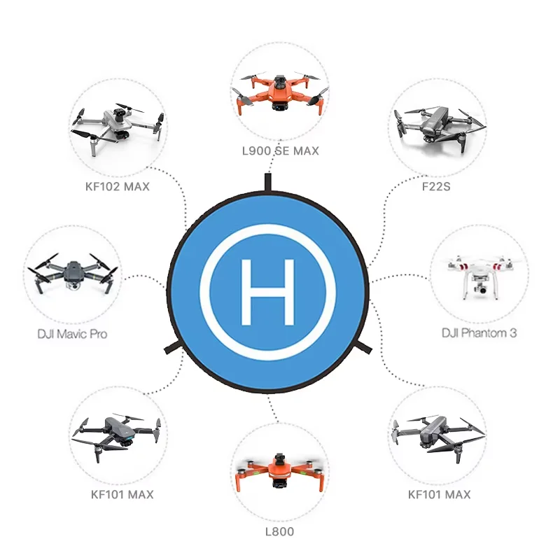 Tapis d'atterrissage pour drone pliable et imperméable de 75 cm déplié, avec un drone en vol stationnaire au-dessus.