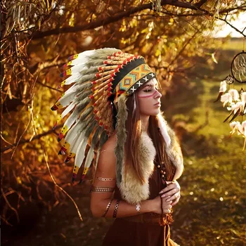 Copricapo di piume, copricapo per capelli di tacchino indiano, decorazione artigianale colorata, fotografia per spettacoli di feste di ballo