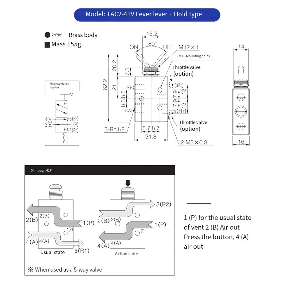 TAC2-41V Pneumatic Valve 2 Position 5Way 1/8 Mechanical Valve With 6mm Connector Pneumatic Mechanical Switch Manifolds