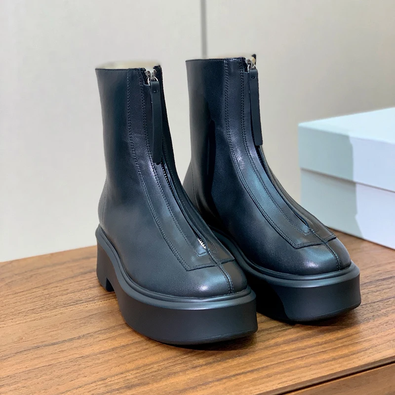 High quality Dermis Thick sole Short boots Women Front zipper Ankle high boots Flat Sloping heel shoes Casual Womens boots 3