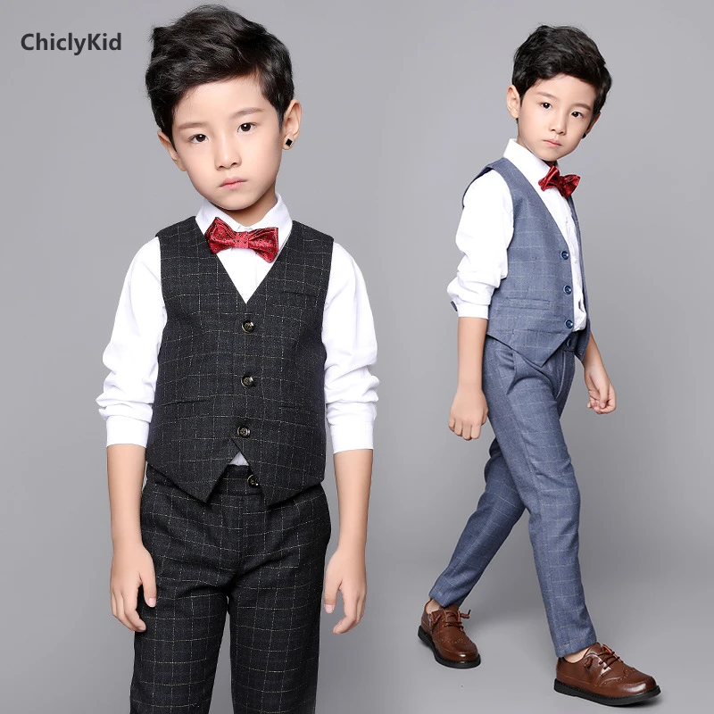 Boy Plaid Vest Suit Kids Waistcoat Wedding Clothes Sets Toddler Formal Dress Children Brooch Shirt Pant Baby Gentlemen Outfits