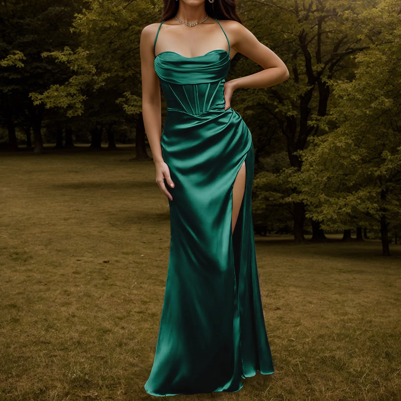 Robe De Soirée Femme Satin Corset - Dos Nu Arête De Poisson - Longue Et Sexy - Pour Mariage Ou Soirée
