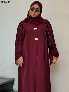 Siskakia New Dubai Elegant Loose Maxi Abaya Muslim Solid Brief Women’s Kaftan Pleated Dresses