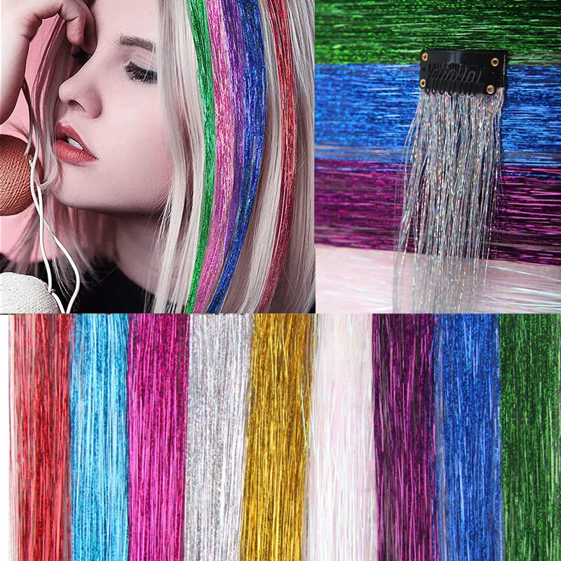 12 color sparkle tinsel clip on hair extensions for girls women glitter party hair accessories 93cm rainbow colored bling piece 10Pack Sparkle Tinsel Clip On In Hair Extensions for Girls Women Glitter Party Hair Accessories Rainbow Colored Bling Hair Piece