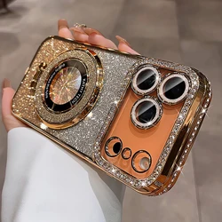 Rhinestone - Embellished Magnetic Stand Holder with Diamond Bumper Cover - iPhone 18 Pro Max (Gold)