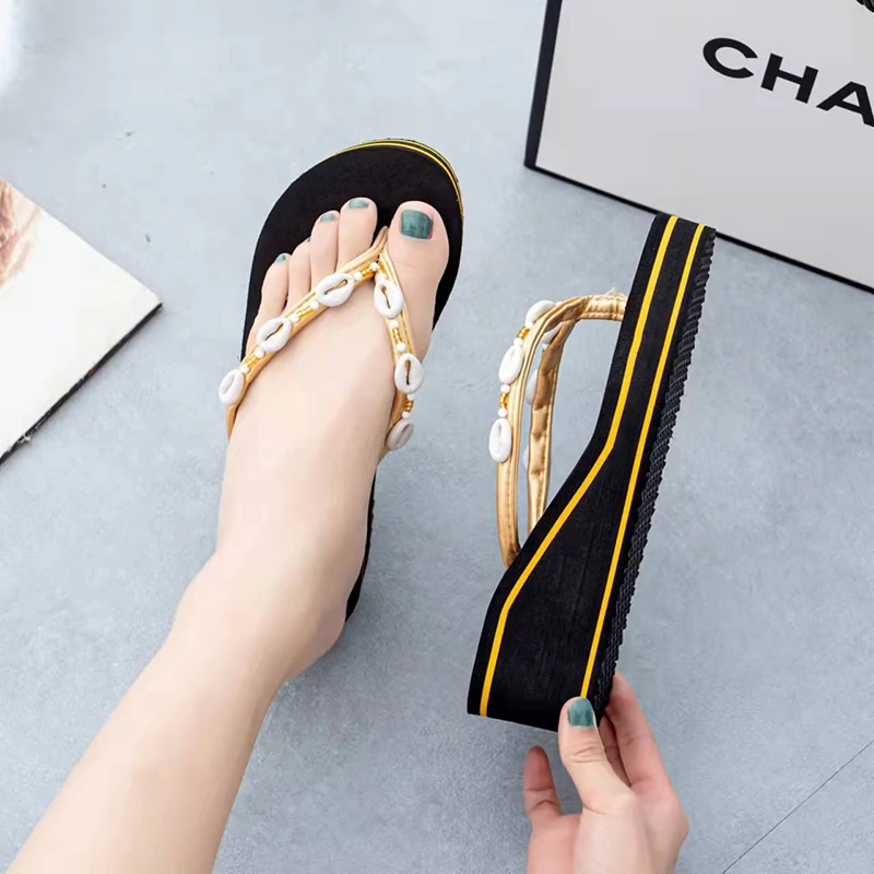 Casual Sandals Women String Bead Crystal Wedges Slippers Summer Platform Shoes Female Luxury Designer Clip Toe Flip Flops