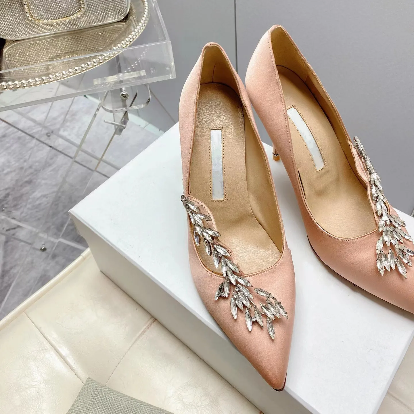 

pointed toe Satin Nadira Heels Crystal embellished strappy ladies stiletto high heels brand designer fashion women pumps shoes