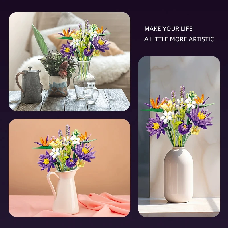 891PCS Romantic Flower Bouquet Building Blocks Eternal Flower Plant Assemble Bricks Creative Desktop Decoration Girls Gifts Toys 3