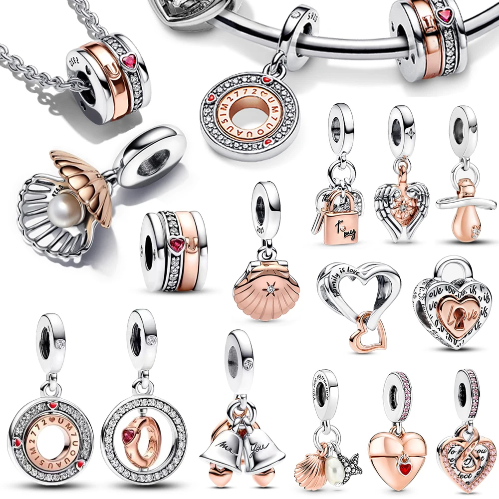 

Authentic 925 Sterling Silver Rose Gold Bells Padlock Two-tone Openwork Mum Sea Shell & Pearl Dangle Charm Fit Pandora Bracelet