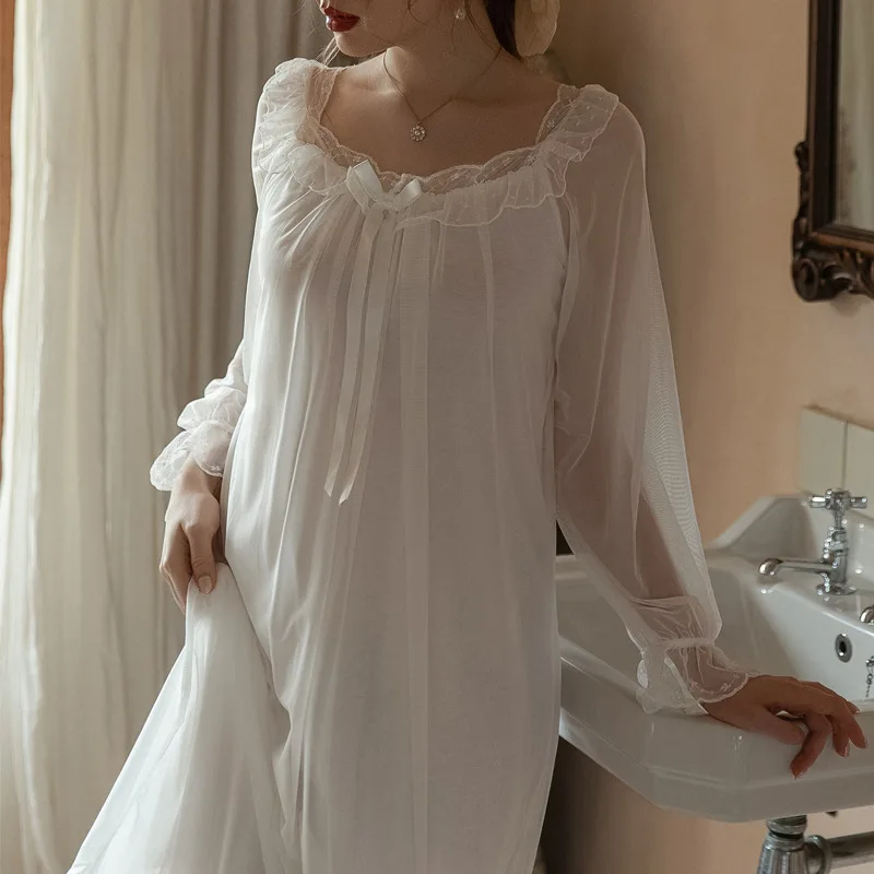 Lace Nightdress Women Mesh Long Sleeve Loose Nightgown Fairy Vintage Home Dressing Gown Night Sexy Sleepwear Nightwear Plus Size