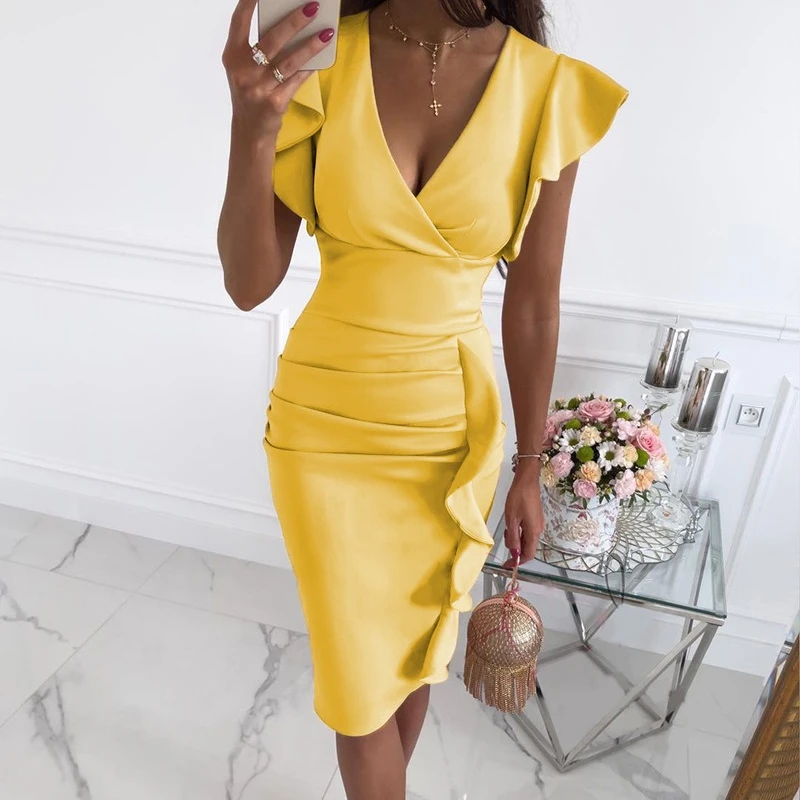 

2023 New Summer Sexy Off Shoulder Women Bandage Dress Ruffles Slash Neck Yellow White Black Club Runway Dresses Celebrity Party