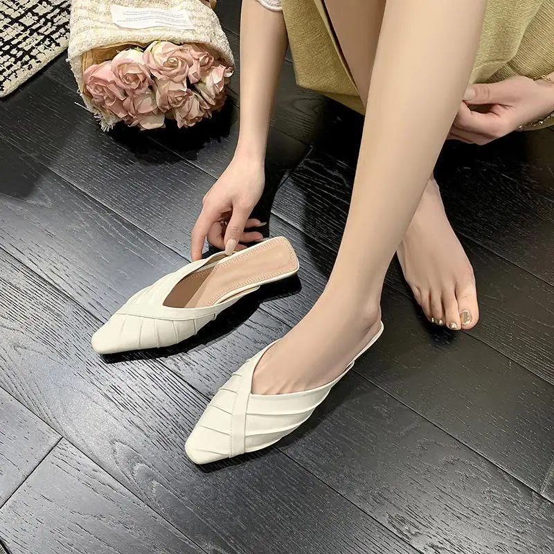 2024 Spring/Summer Low Heel Square Head Genuine Leather External Wearing Slippers, Baotou Sandals, Women's Muller Shoes