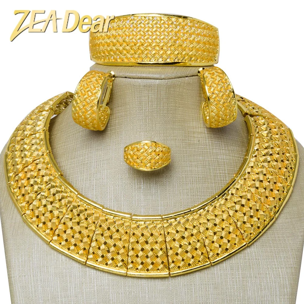 

ZEADear Dubai Jewelry 4 Pcs/set Hollow Out Collar Necklace Bracelets Earrings Ring 18K Gold Color Wedding Jewellery For Bridal