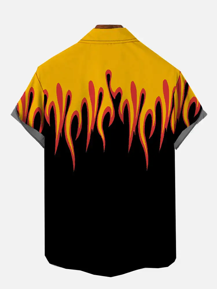 Men's 3D flame printed Hawaiian Casual Short Sleeved Shirt Summer Button Up