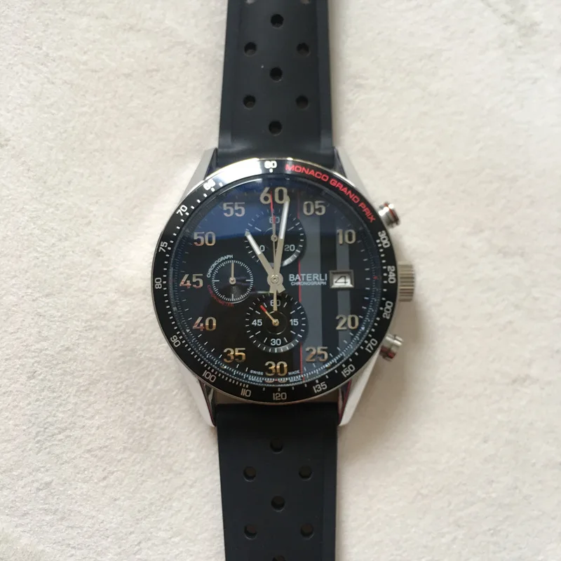 High Quality Chronograph Quartz Double Calendar Man Watch Breathable Hole Black Leather Strap Boy Wristwatch Sports Style