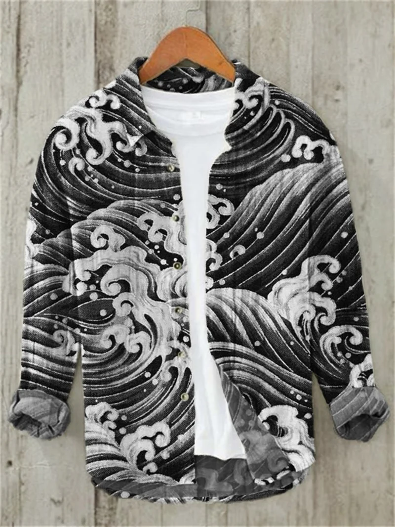 قميص كتان رجالي جديد بأكمام طويلة وزر قميص كاجوال بطبعة زهور ثلاثية الأبعاد وأكمام طويلة موضة يومية مريحة